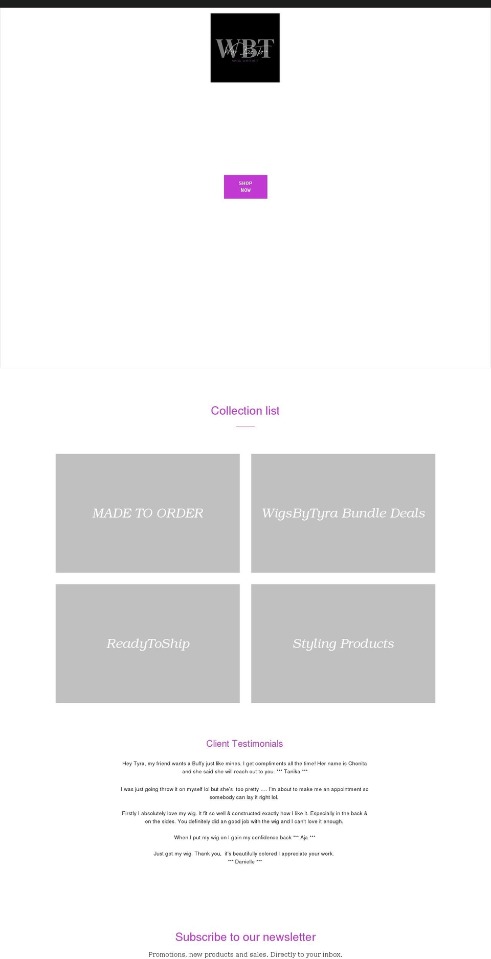 wigsbytyra.com shopify website screenshot