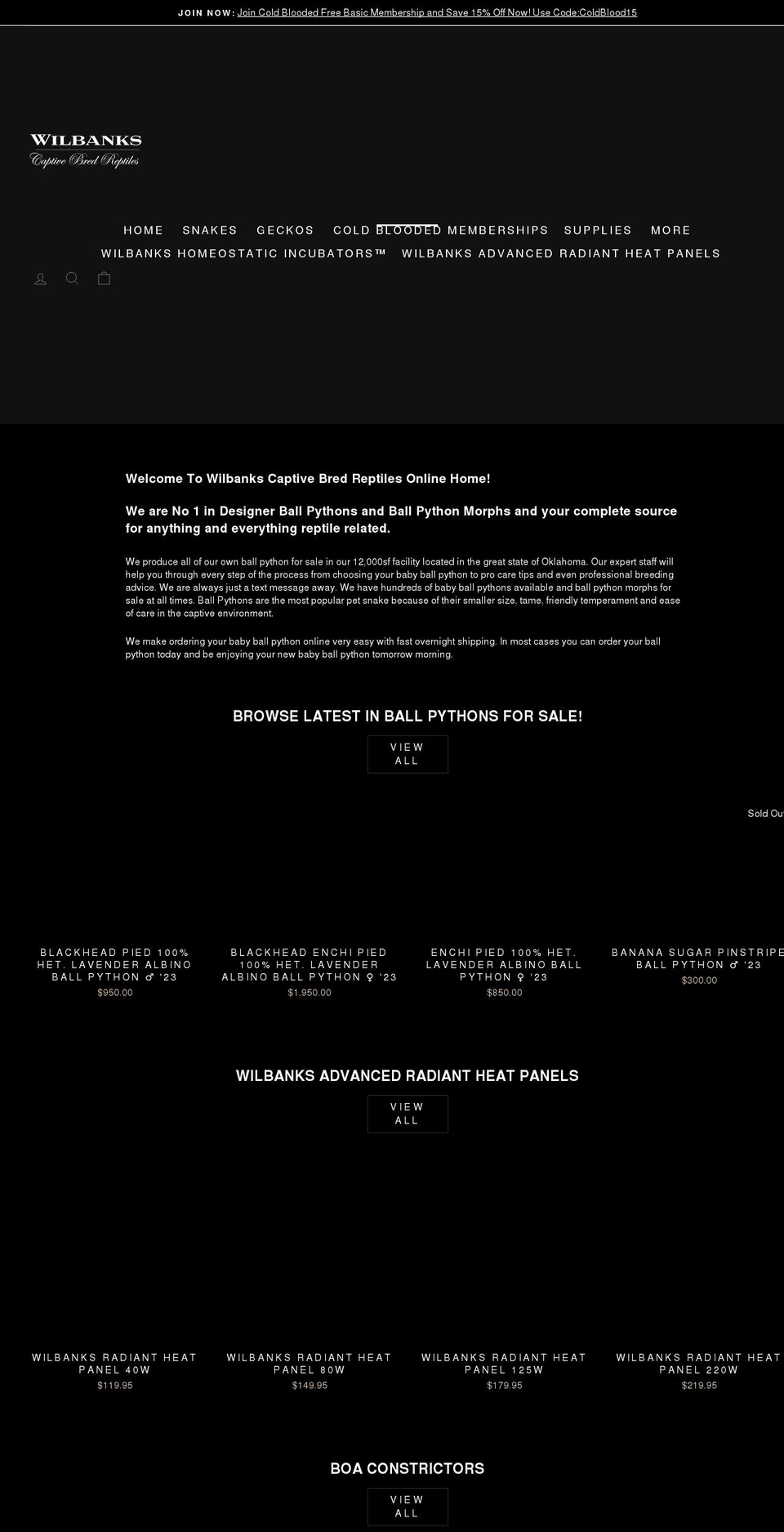 wilbanksreptiles.com shopify website screenshot