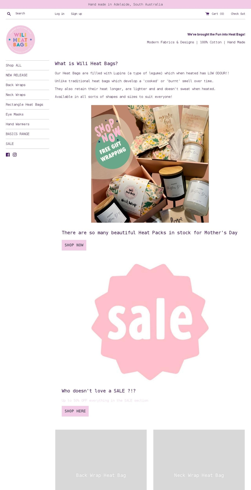 wiliheatbags.com shopify website screenshot