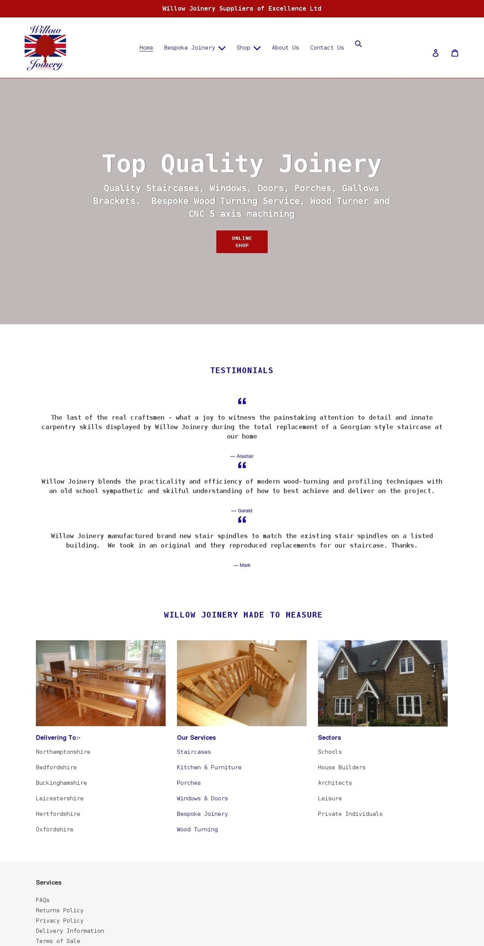 willow-joinery.co.uk shopify website screenshot