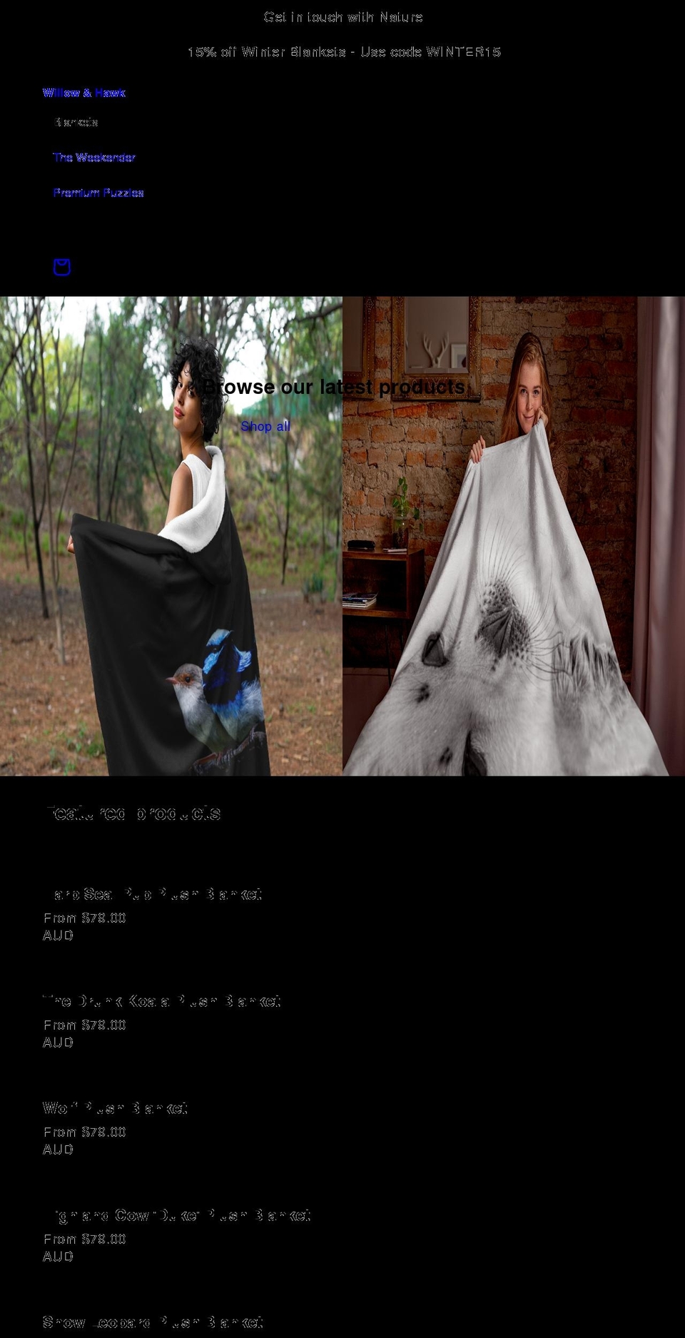 willowandhawk.com shopify website screenshot