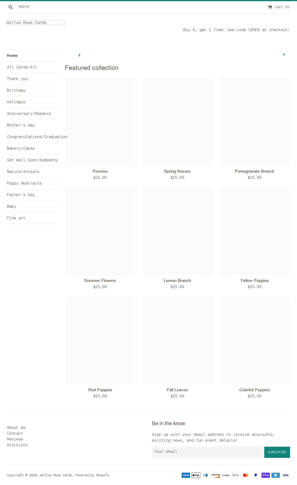 willowrosecards.com shopify website screenshot