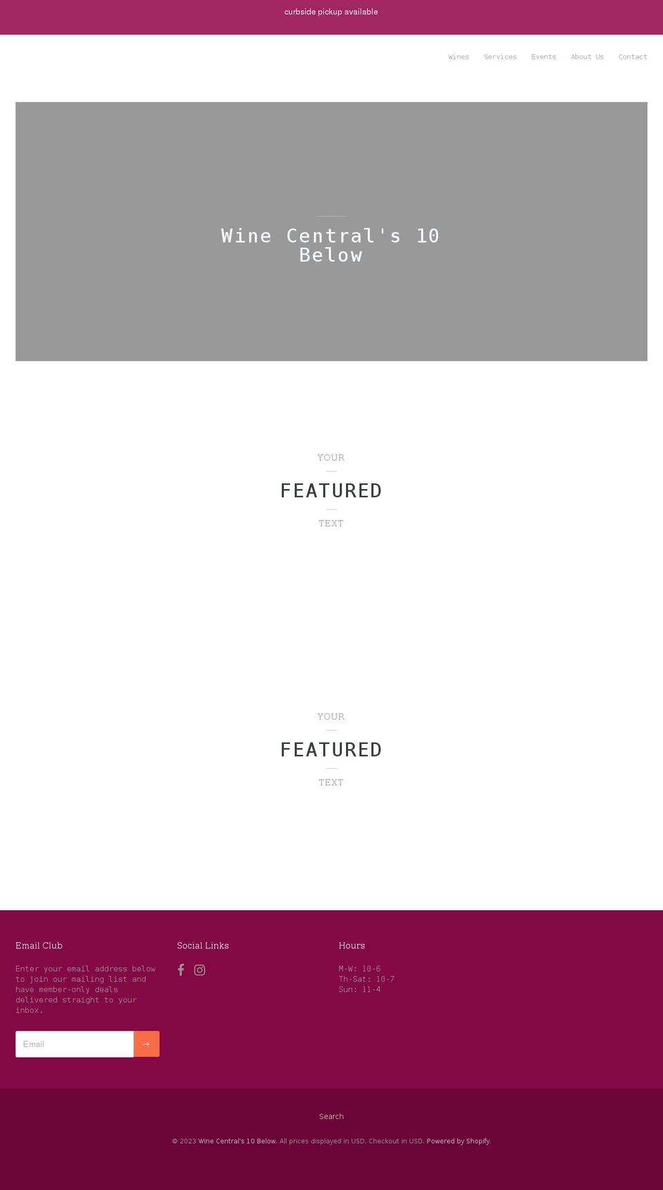 winecentrals10below.com shopify website screenshot