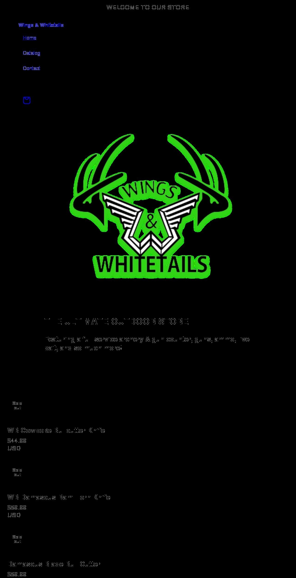 wingsandwhitetails.net shopify website screenshot