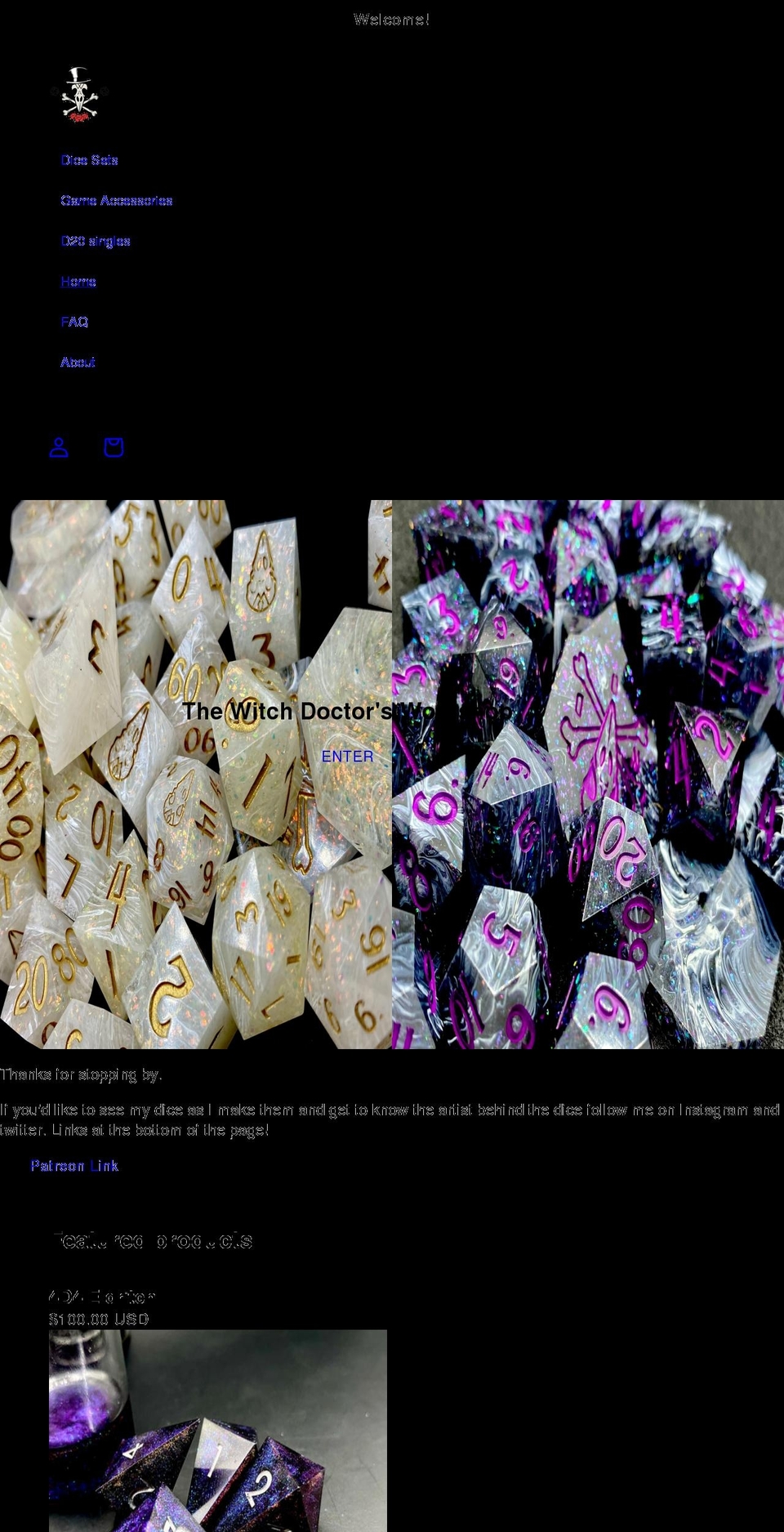 witchdoctordice.com shopify website screenshot