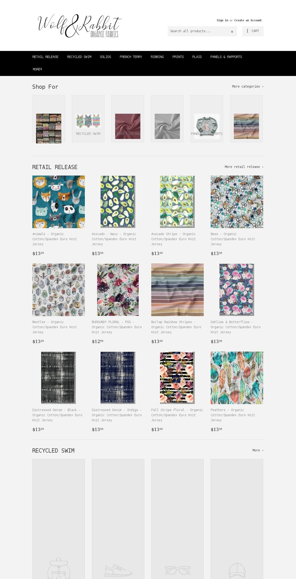 wolfandrabbitfabrics.com shopify website screenshot