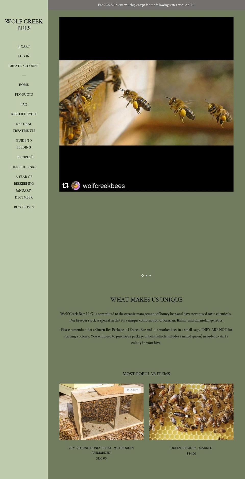 wolfcreekbees.com shopify website screenshot