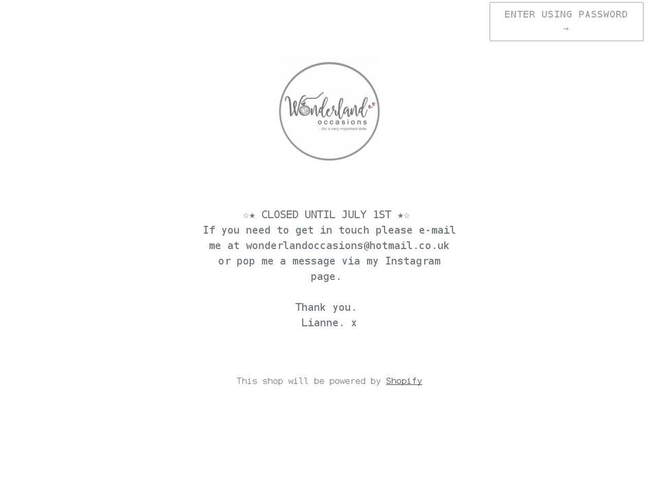 wonderlandoccasions.co.uk shopify website screenshot