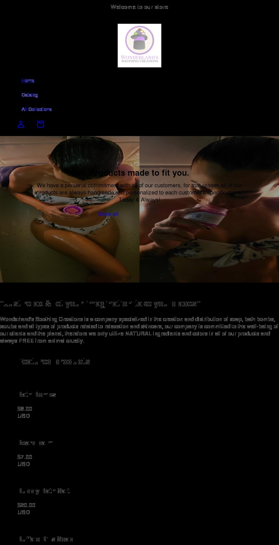 wonderlandsoothingcreations.com shopify website screenshot