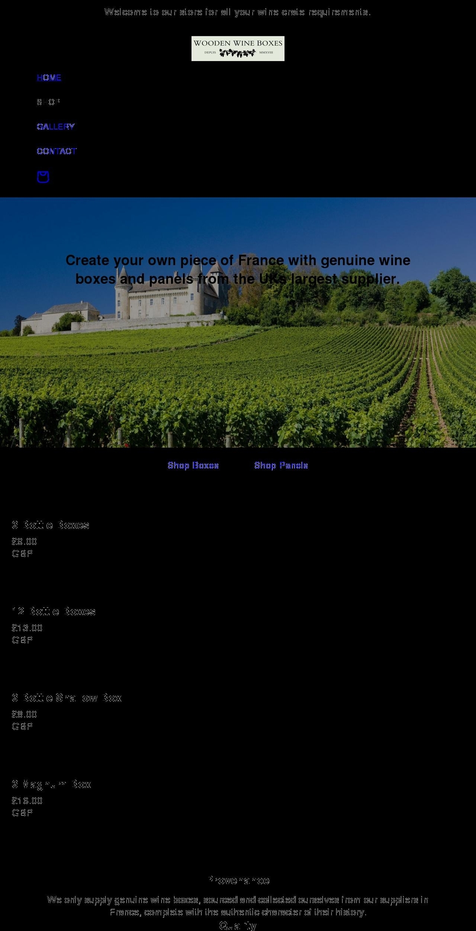 woodenwineboxes.co.uk shopify website screenshot