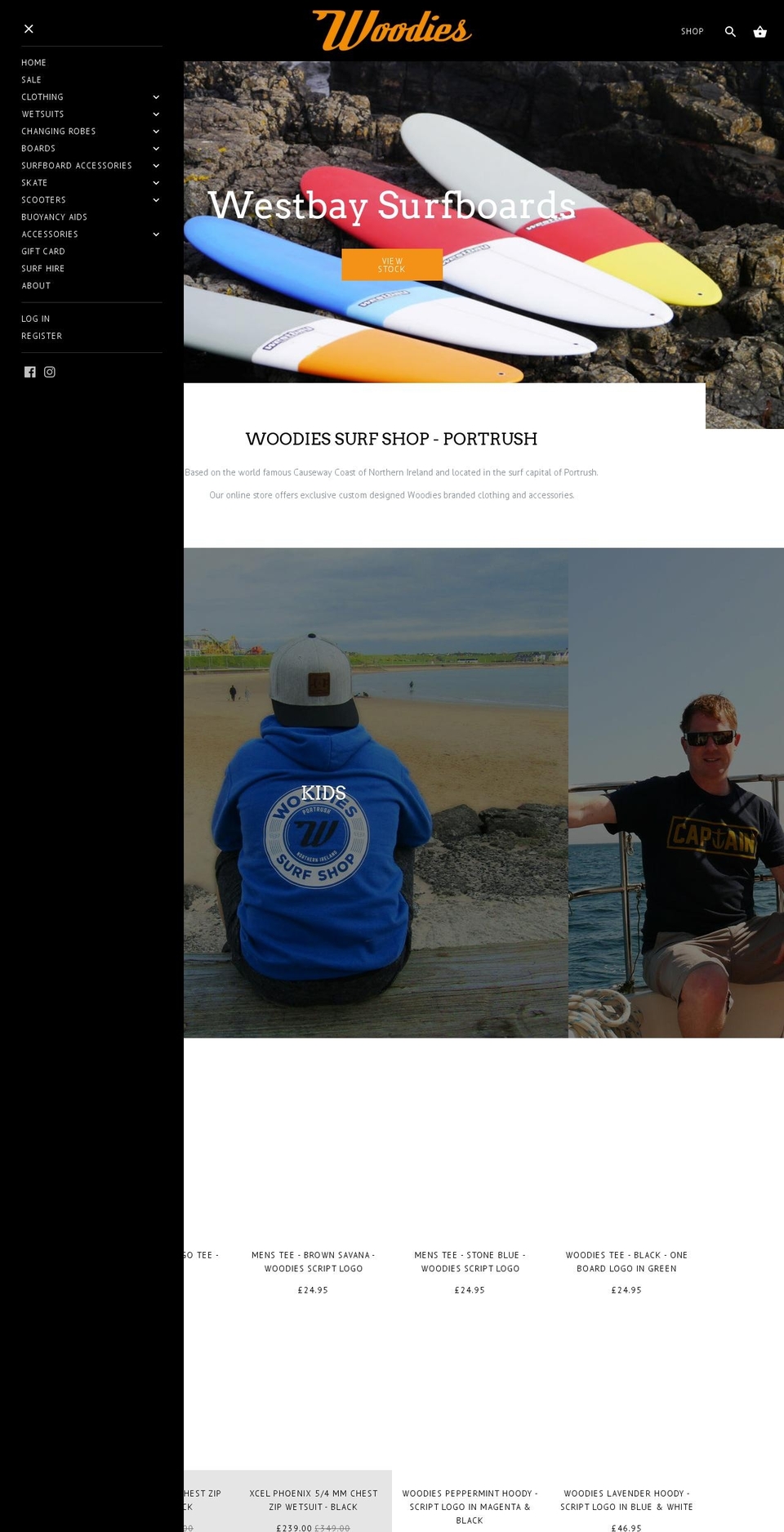 woodiessurfshop.co.uk shopify website screenshot