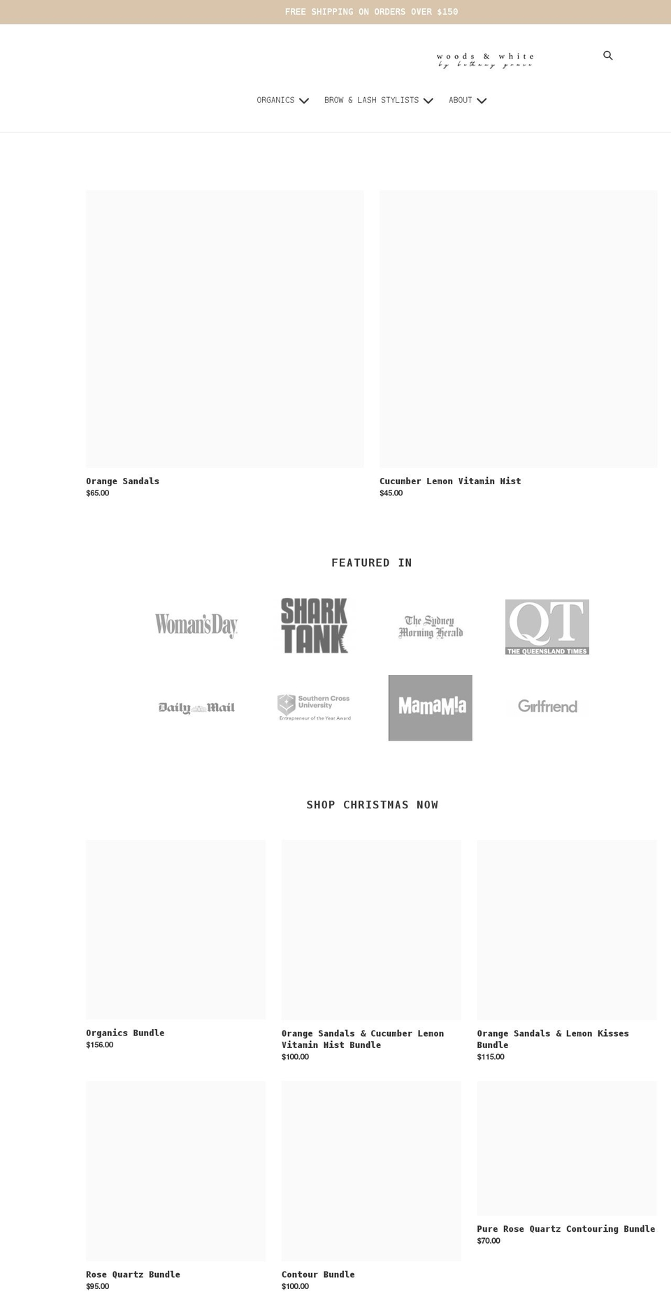 woodsandwhite.com shopify website screenshot