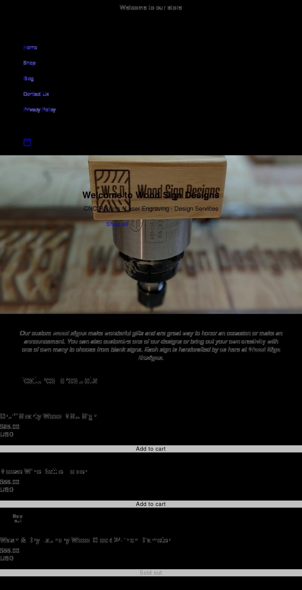 woodsigndesigns.com shopify website screenshot