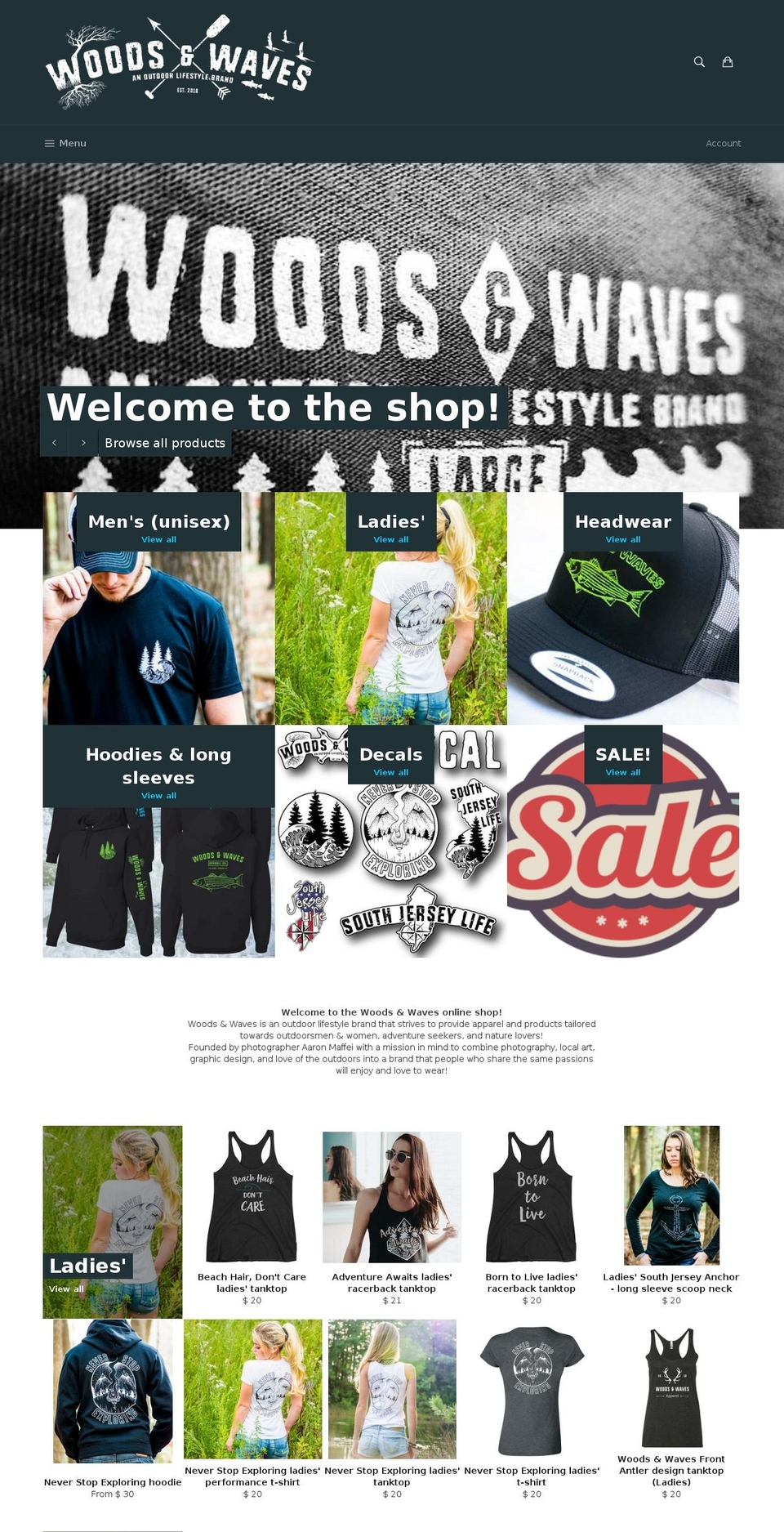 woodsnwaves.com shopify website screenshot