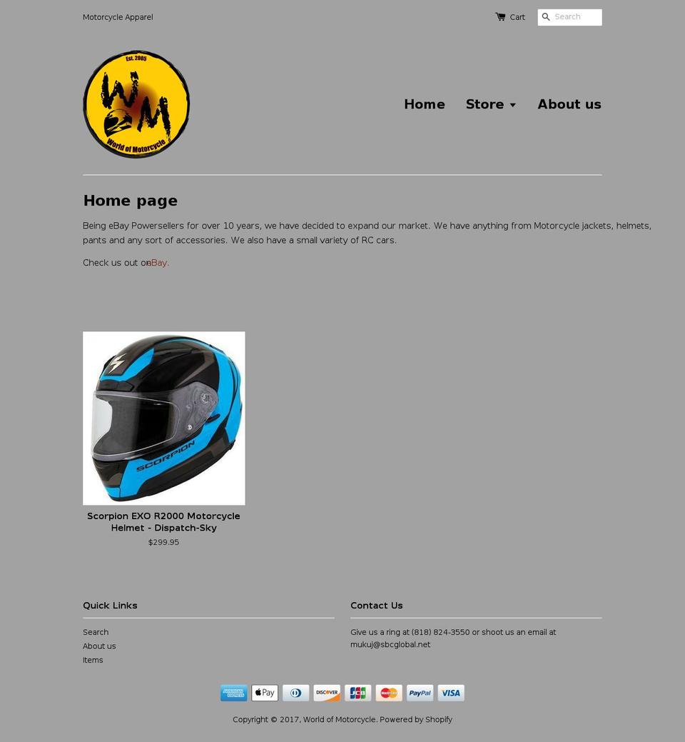 worldofmotorcycle.com shopify website screenshot