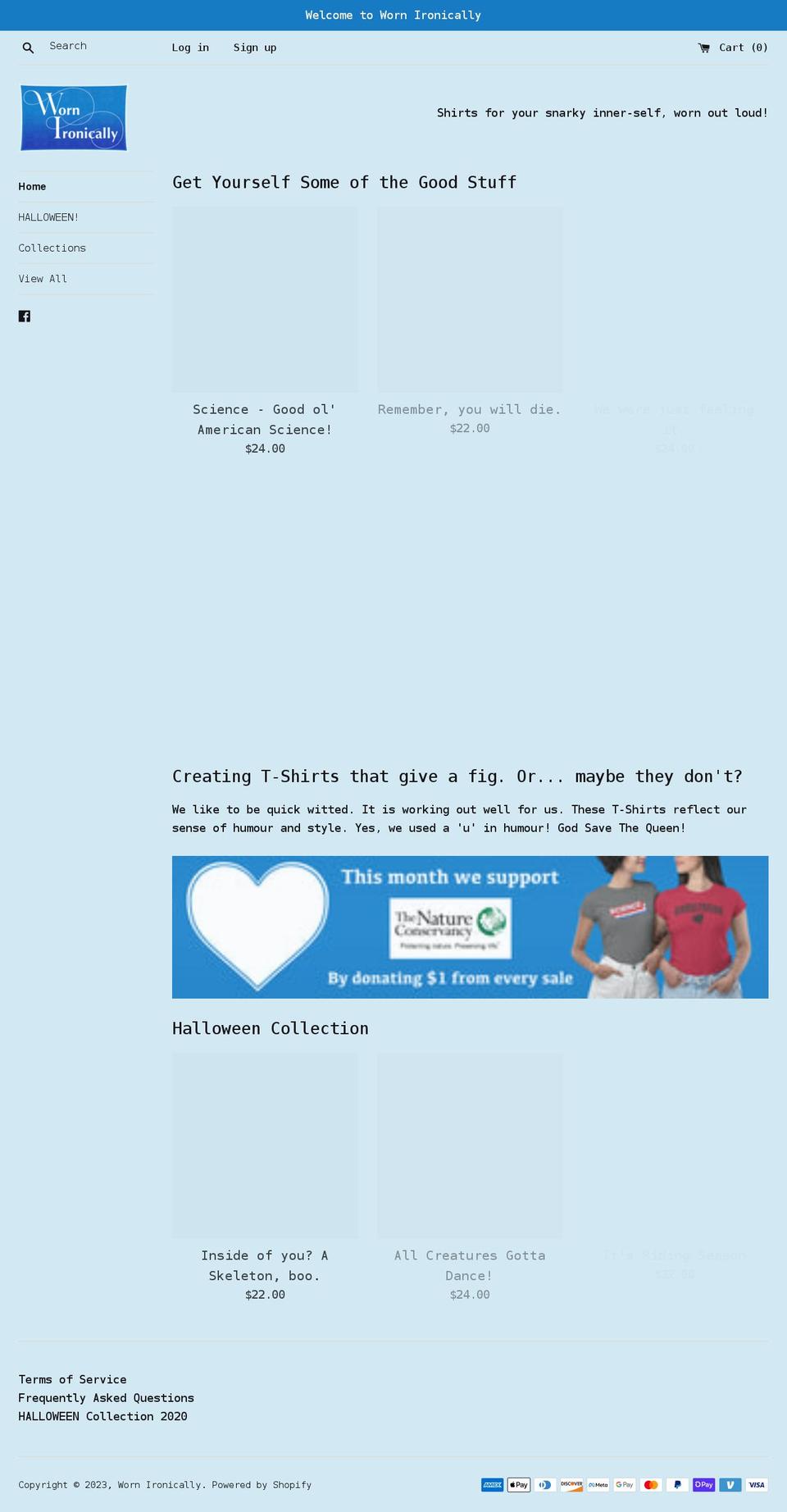 wornironically.com shopify website screenshot