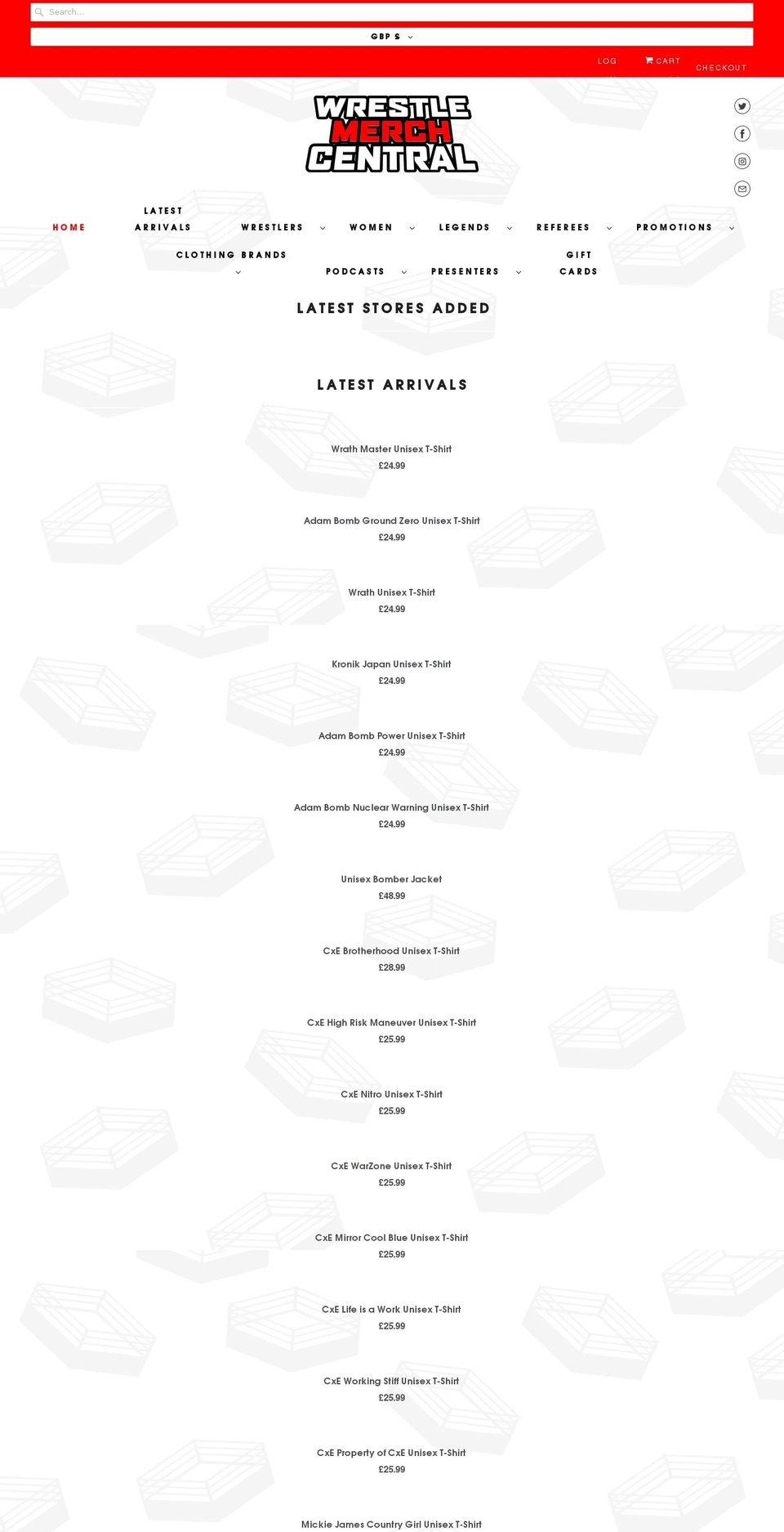 wrestlemerchcentral.com shopify website screenshot