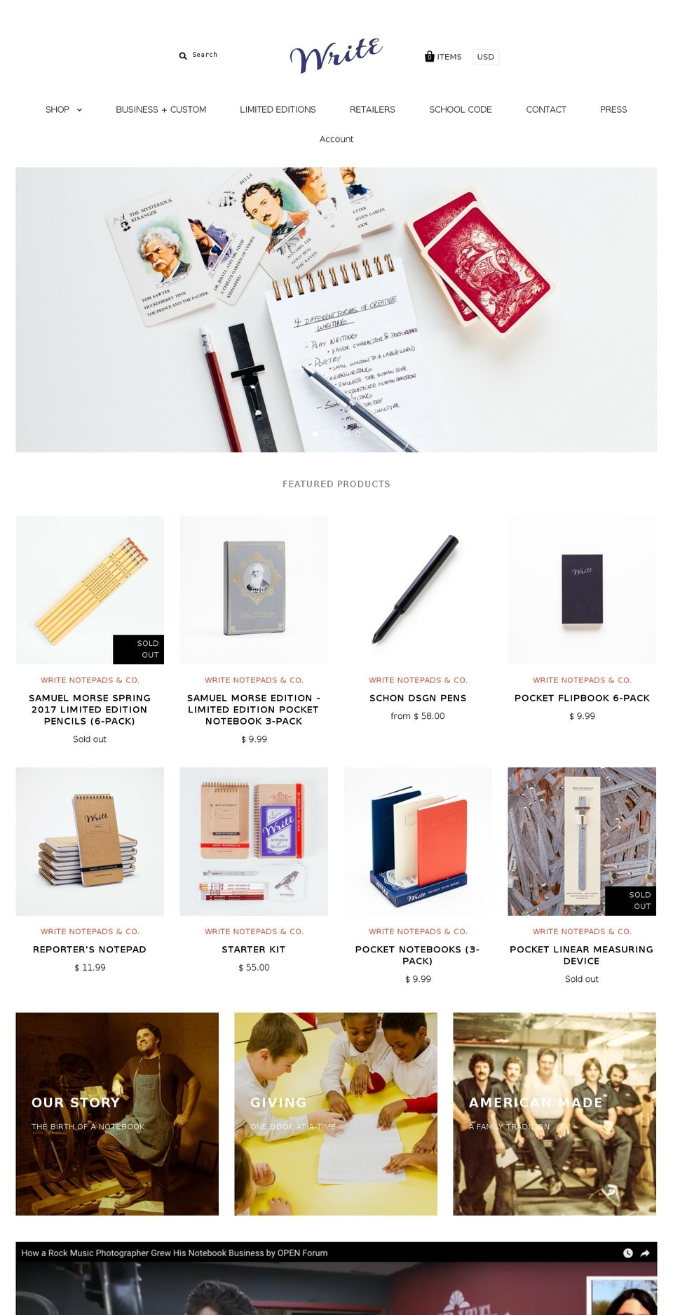 writenotepads.com shopify website screenshot