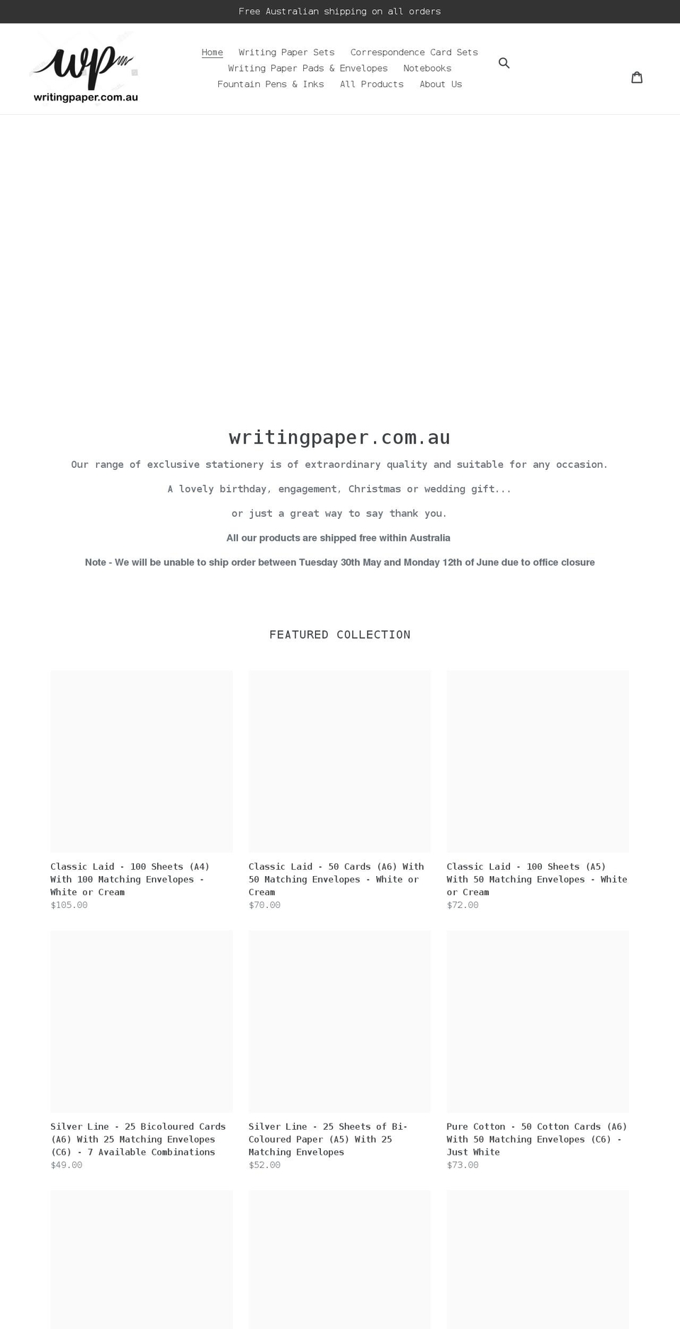 writingpaper.com.au shopify website screenshot