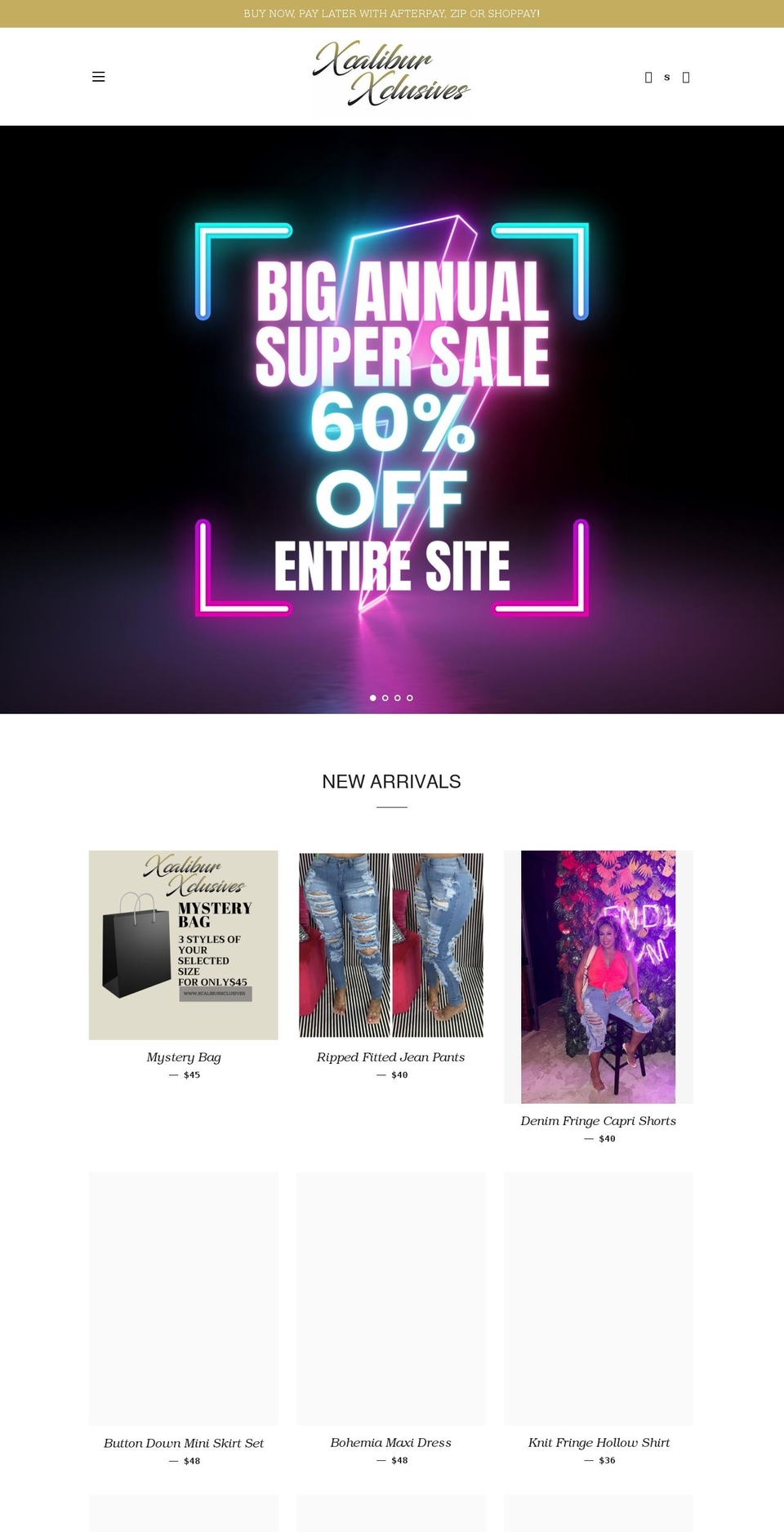 xcaliburxclusives.com shopify website screenshot