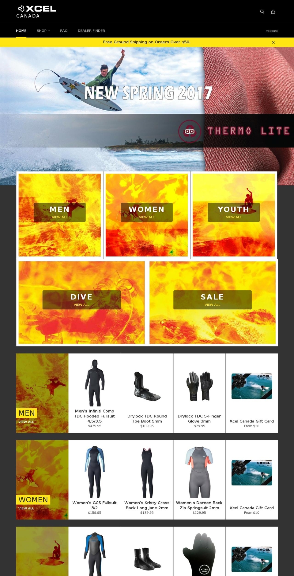 xcelwetsuits-ca.com shopify website screenshot