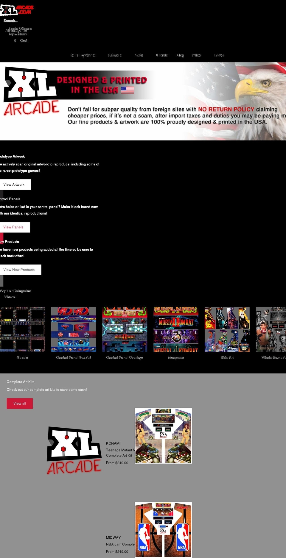xlarcade.com shopify website screenshot