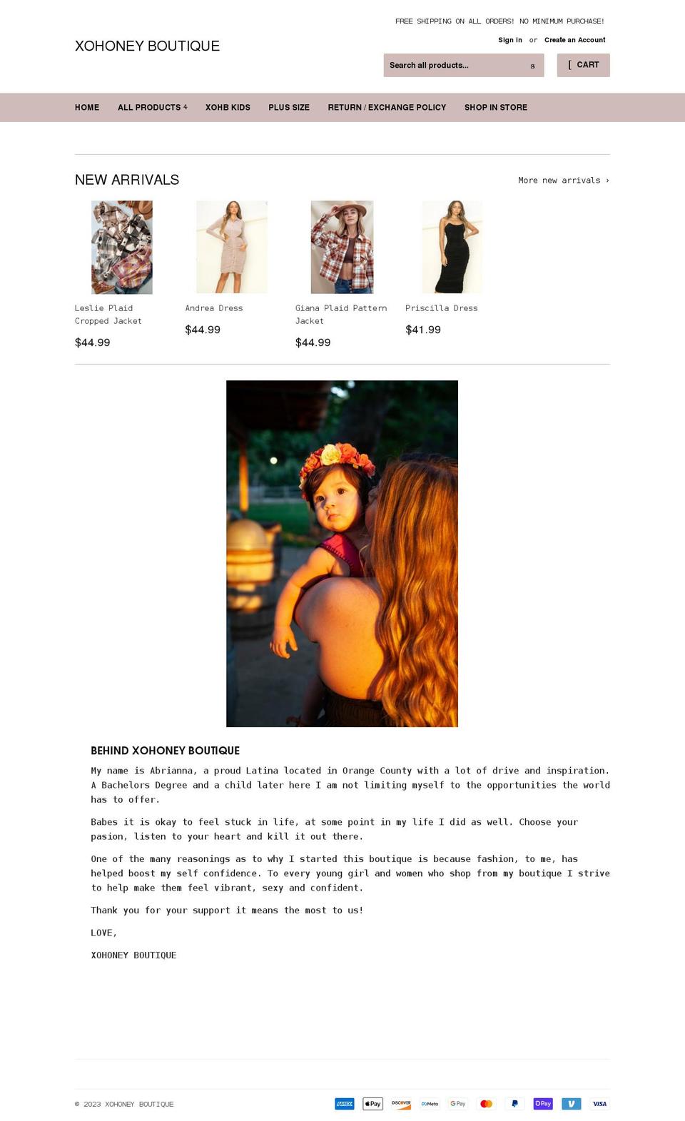 xohoneyboutique.com shopify website screenshot