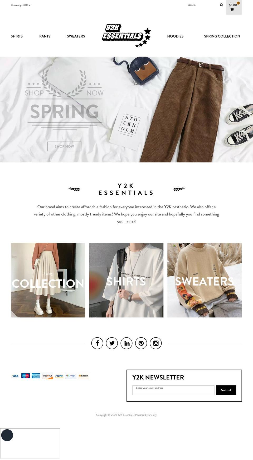 y2kessentials.com shopify website screenshot