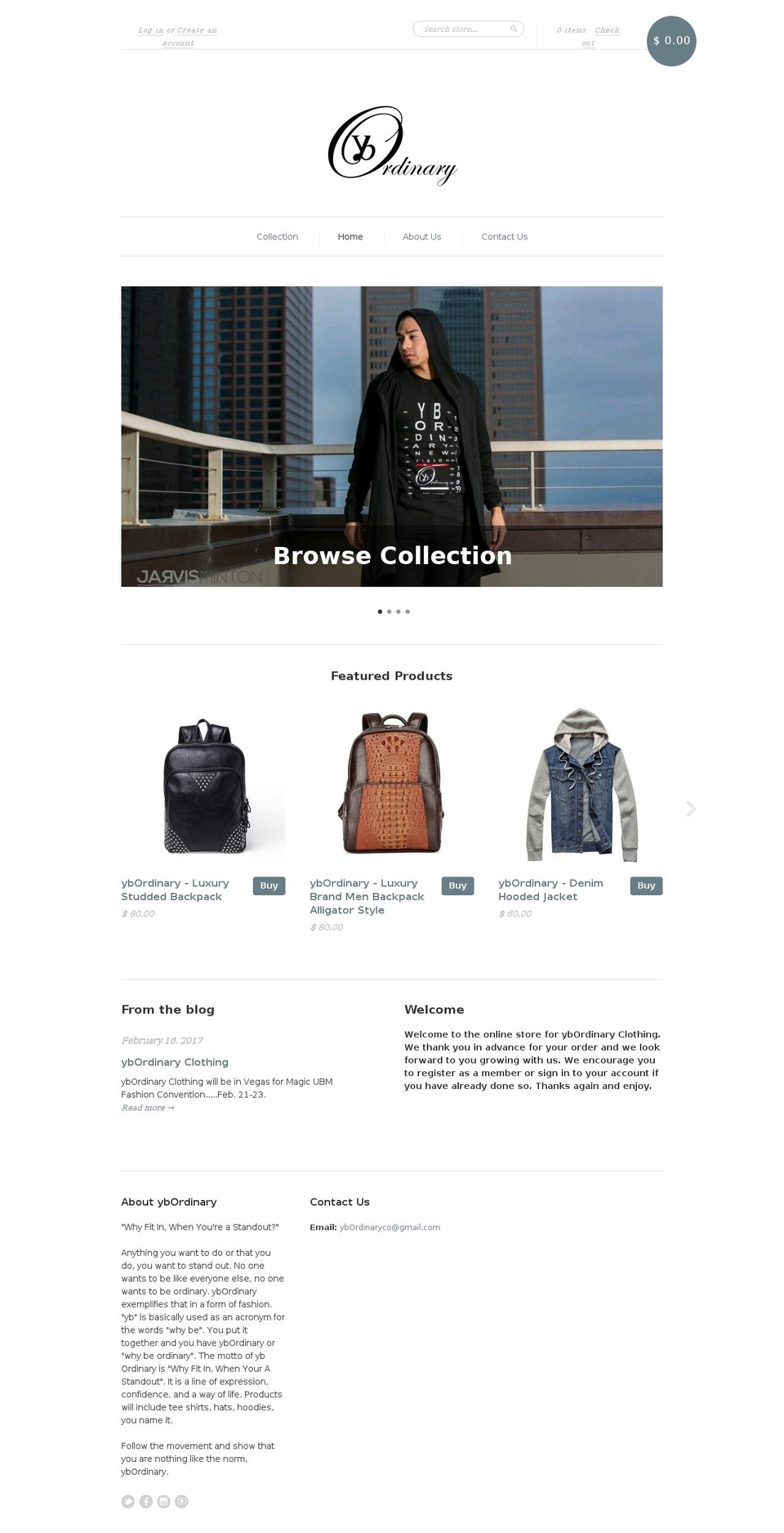ybordinaryclothing.com shopify website screenshot