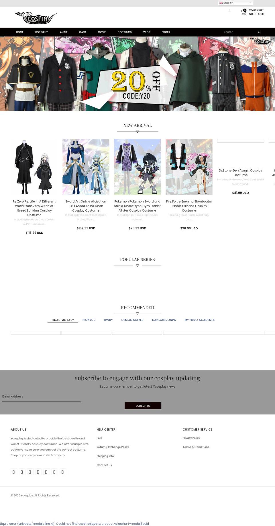 ycosplay.com shopify website screenshot