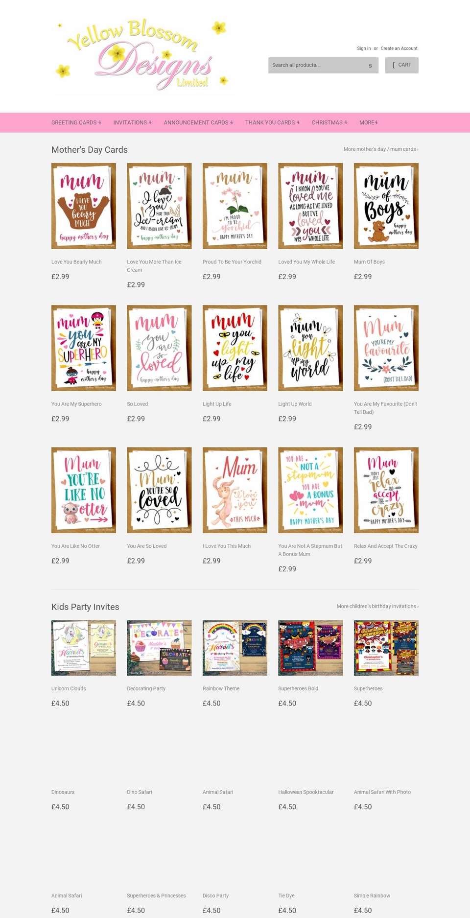 yellowblossomdesigns.com — Shopify storefront screenshot