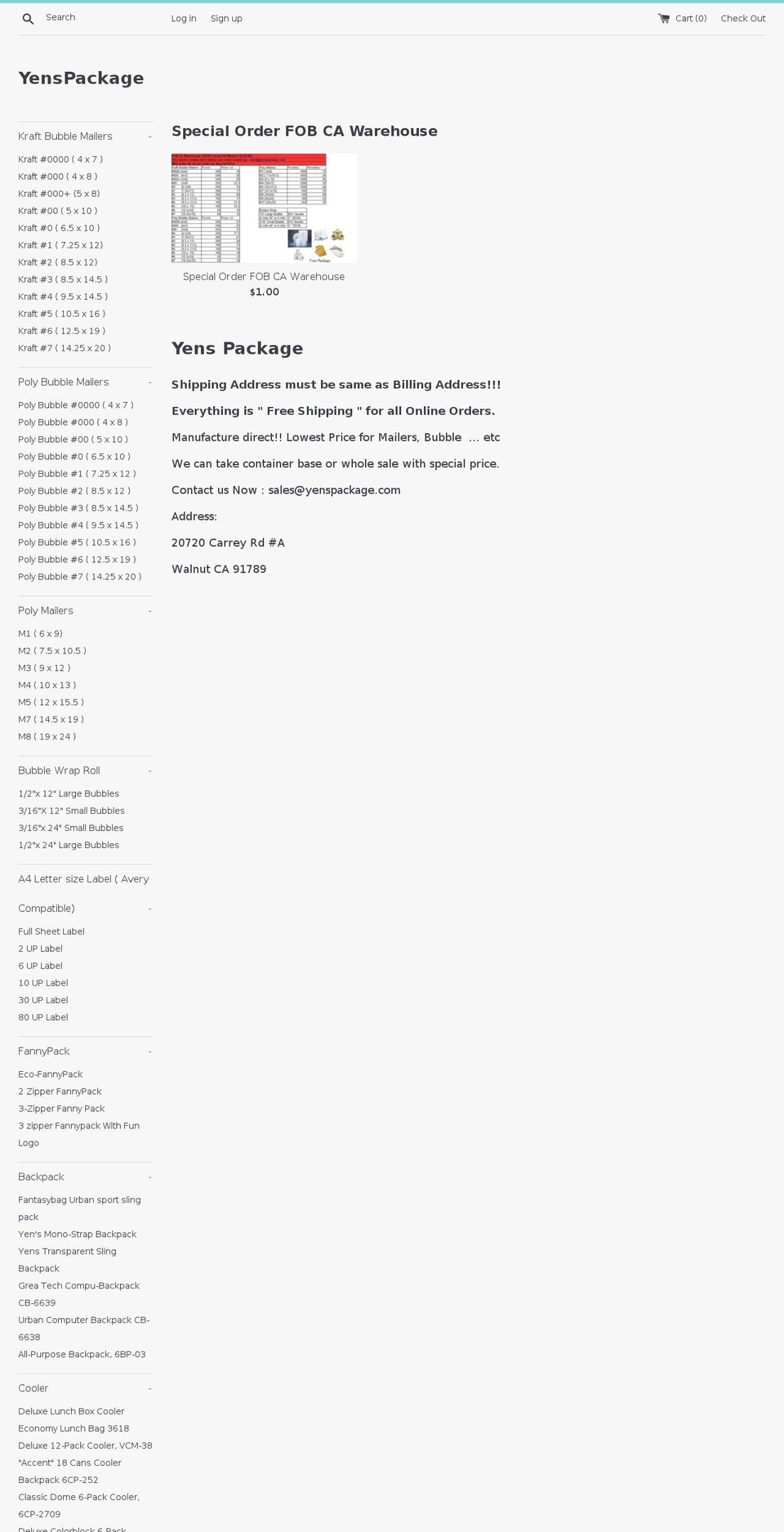 yenspackage.com shopify website screenshot