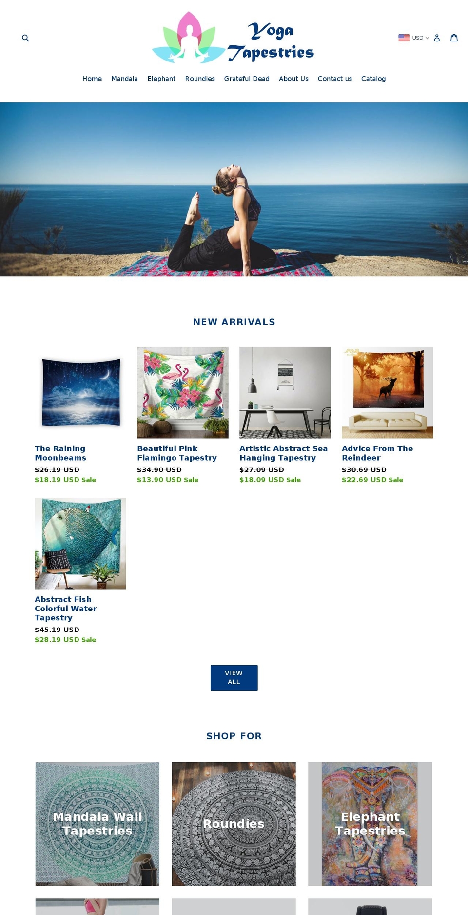 yoga-tapestries.myshopify.com shopify website screenshot