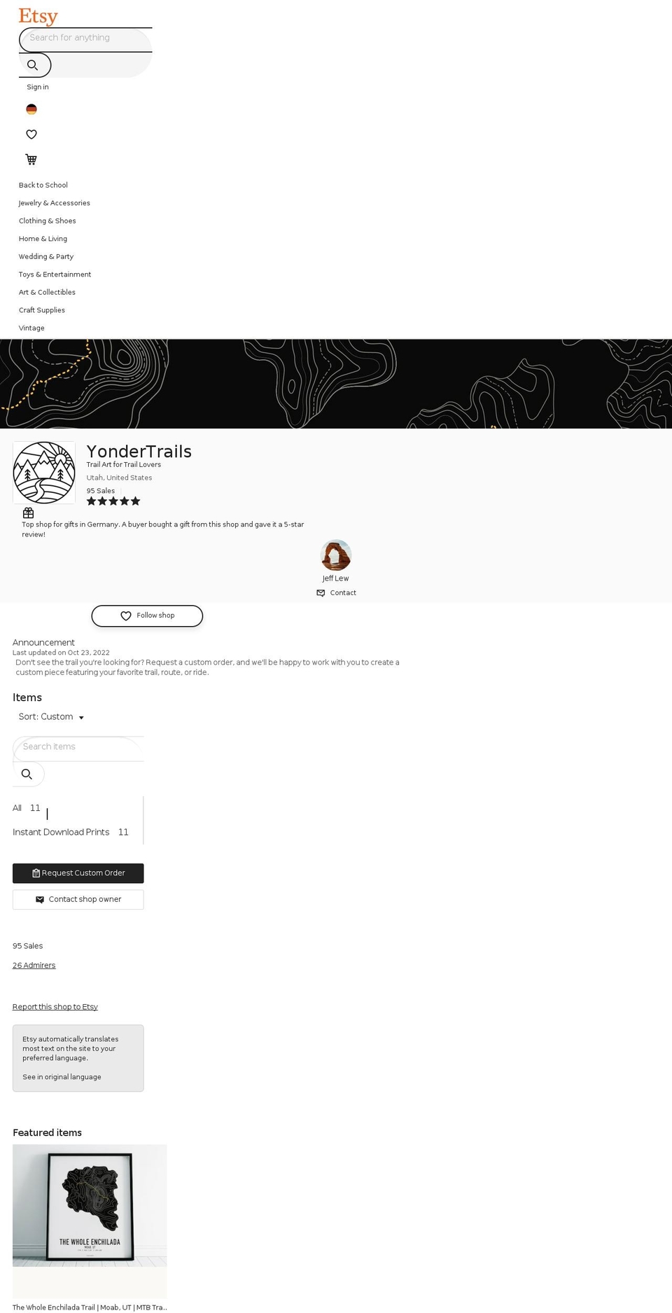 yondertrails.com — Shopify storefront screenshot