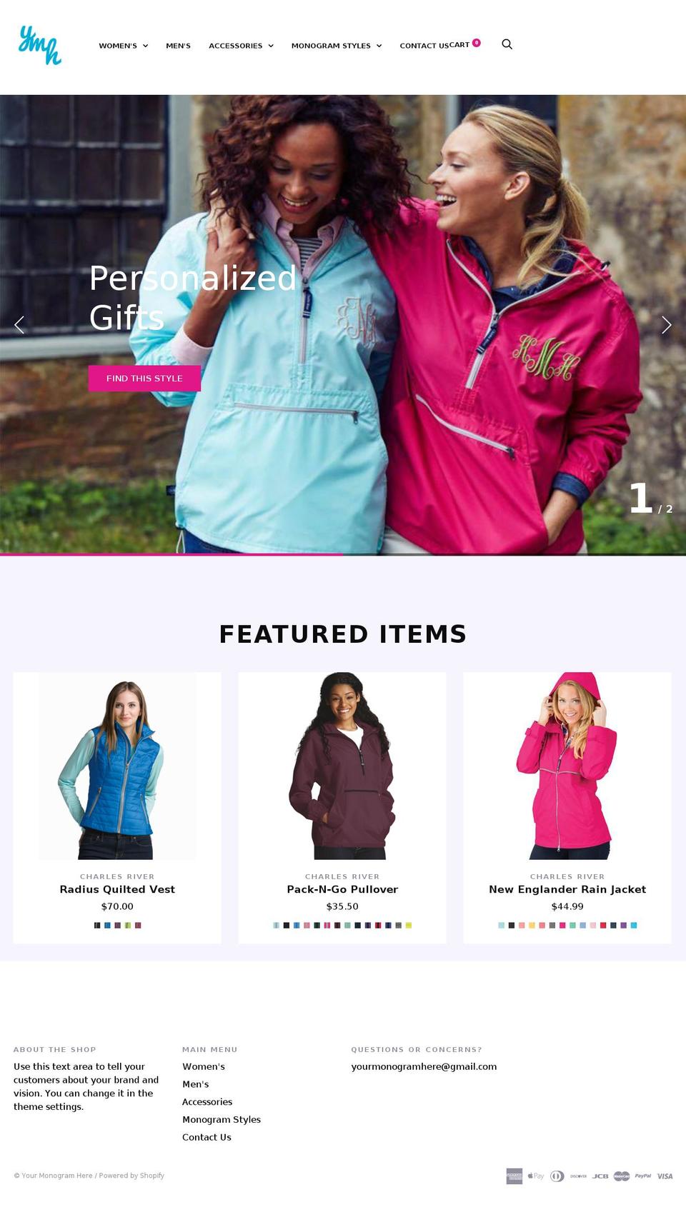 yourmonogramhere.com shopify website screenshot