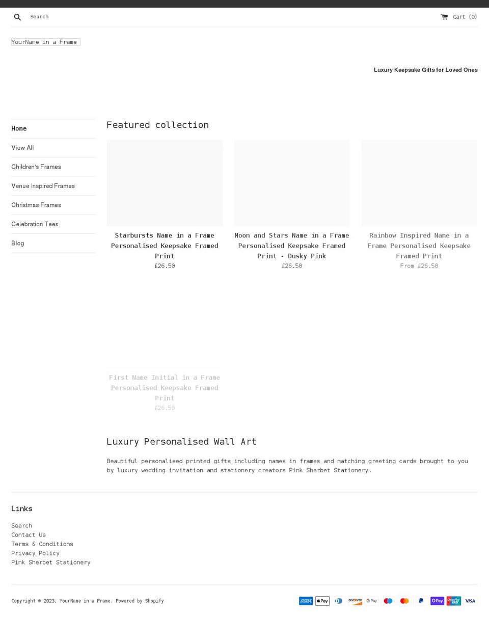 yournameinaframe.co.uk shopify website screenshot