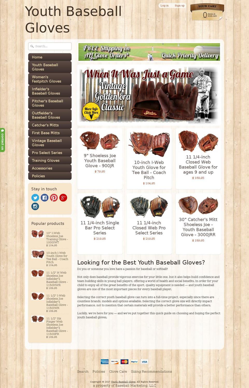 youthbaseballgloves.com shopify website screenshot