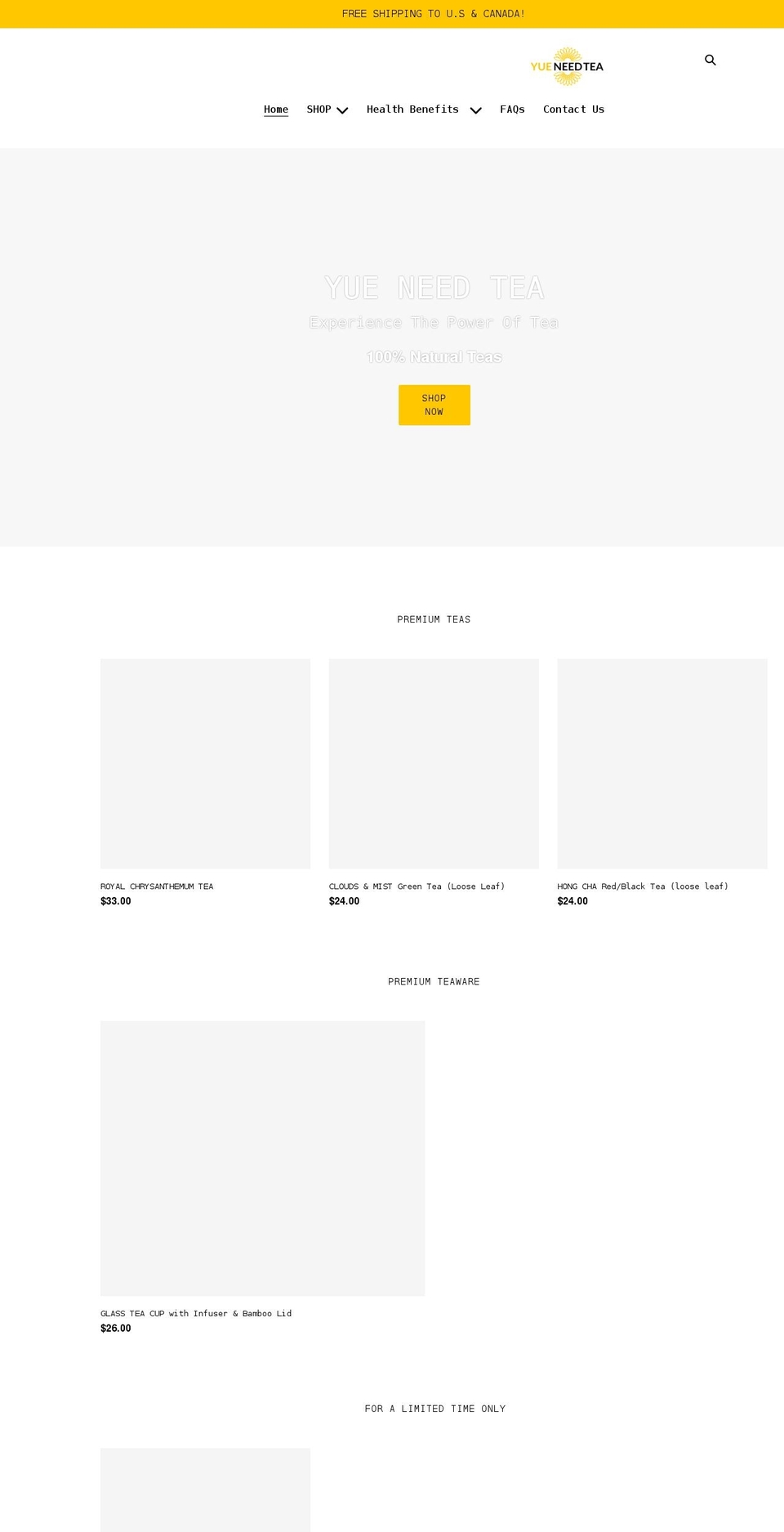 yueneedtea.com shopify website screenshot