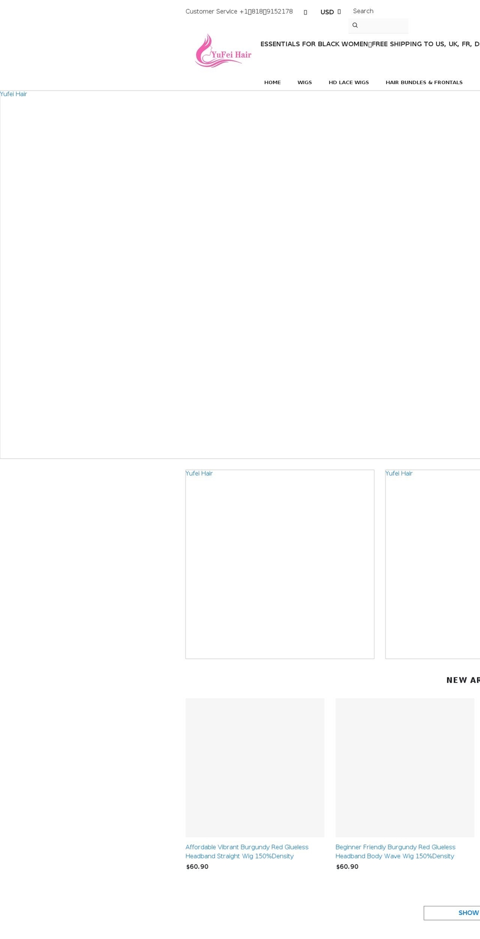yufeihair.com shopify website screenshot