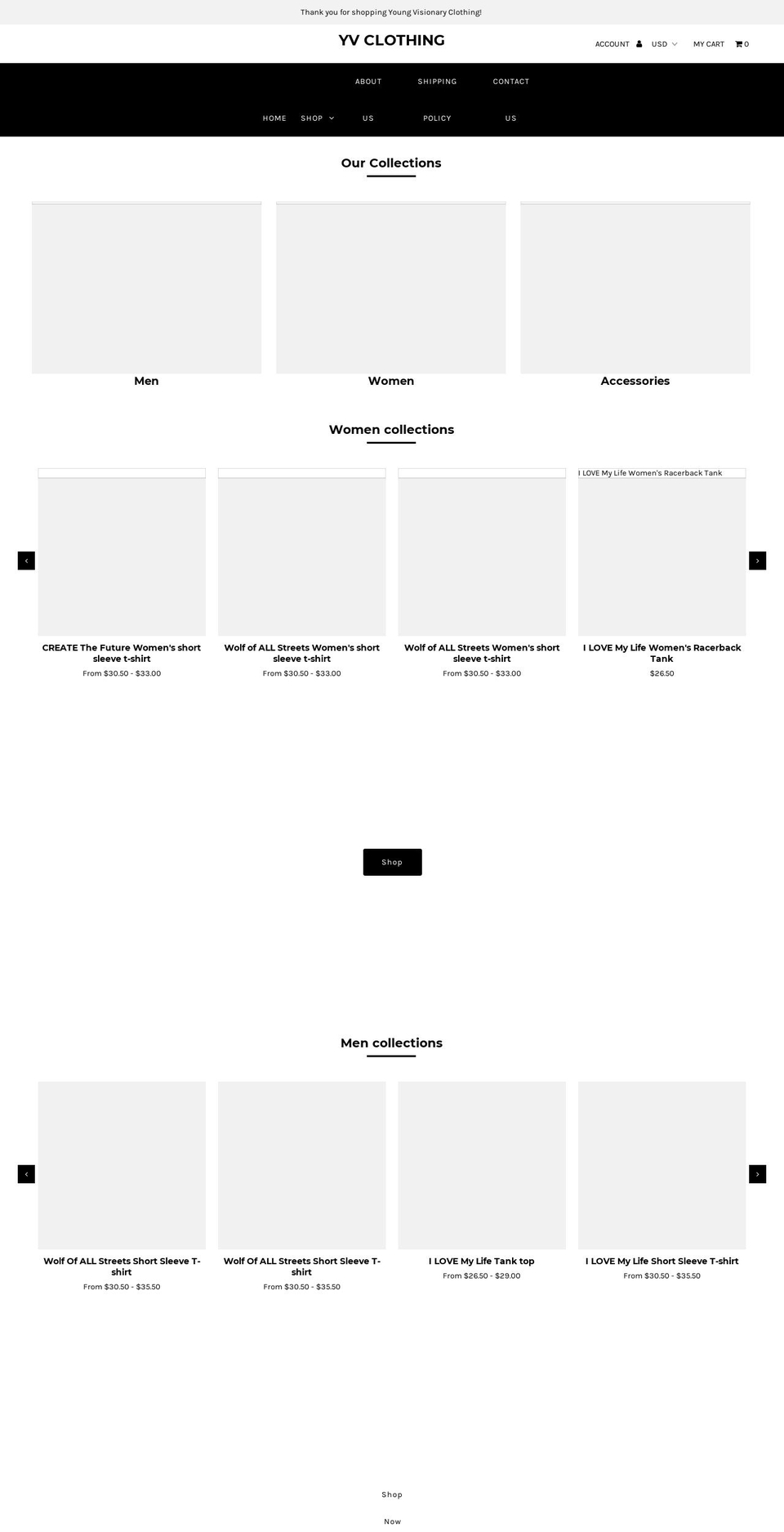 yvclothing.com shopify website screenshot