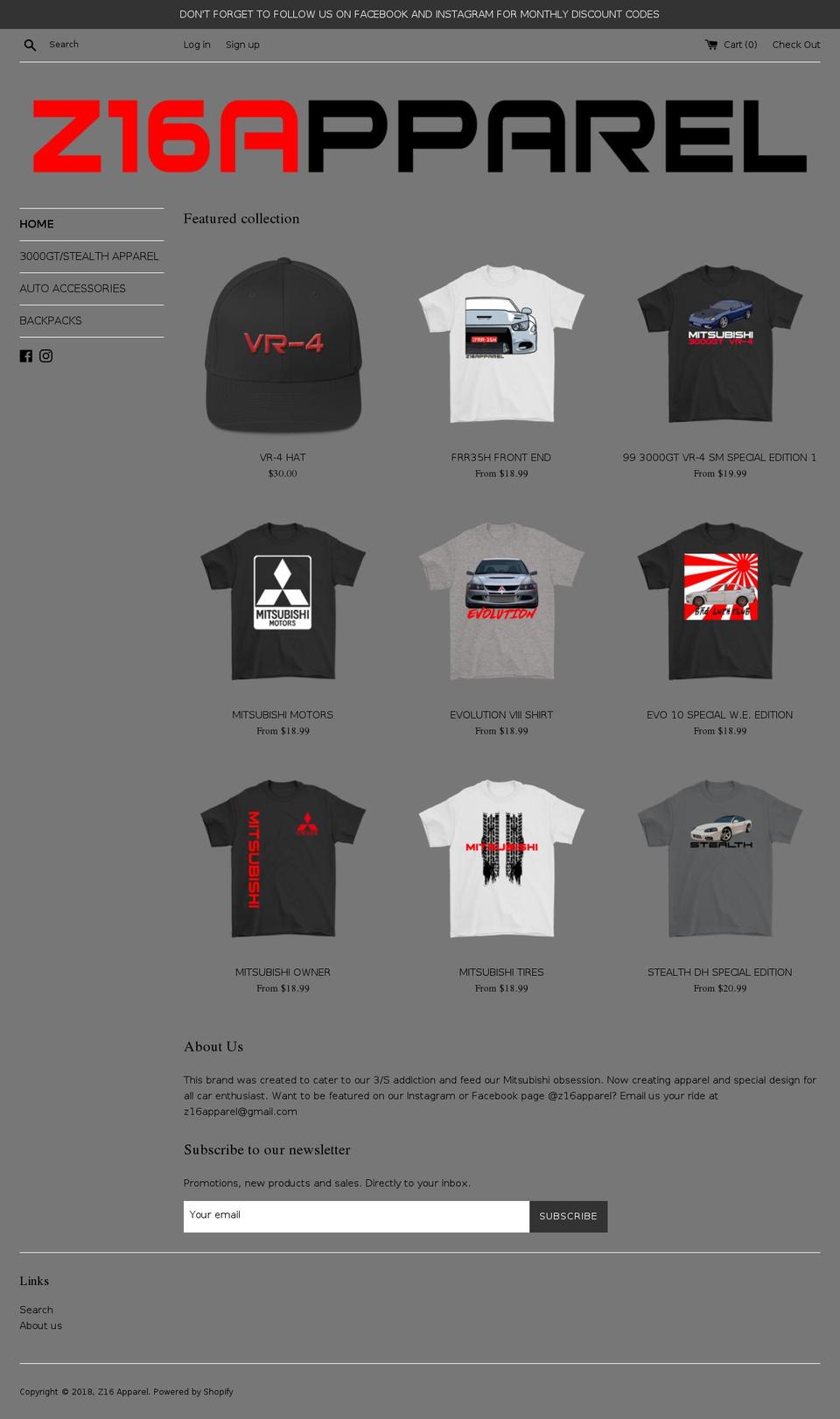 z16apparel.com shopify website screenshot