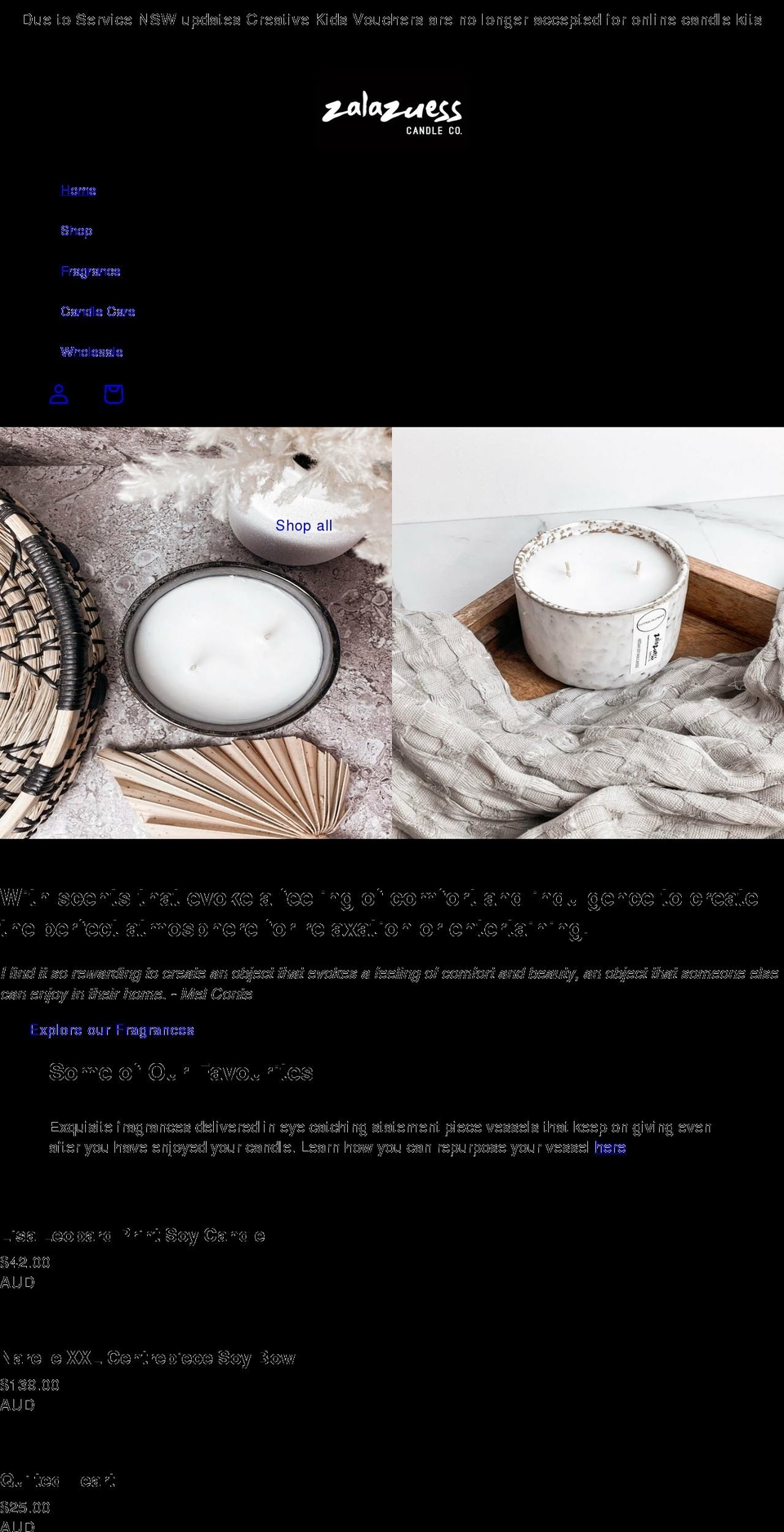 zalazuesscandleco.com shopify website screenshot