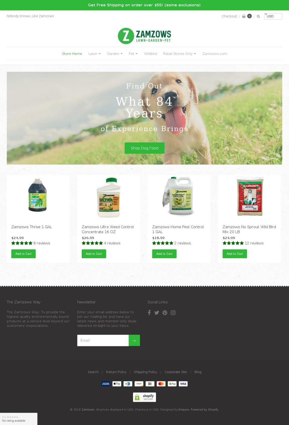 zamzows.store shopify website screenshot