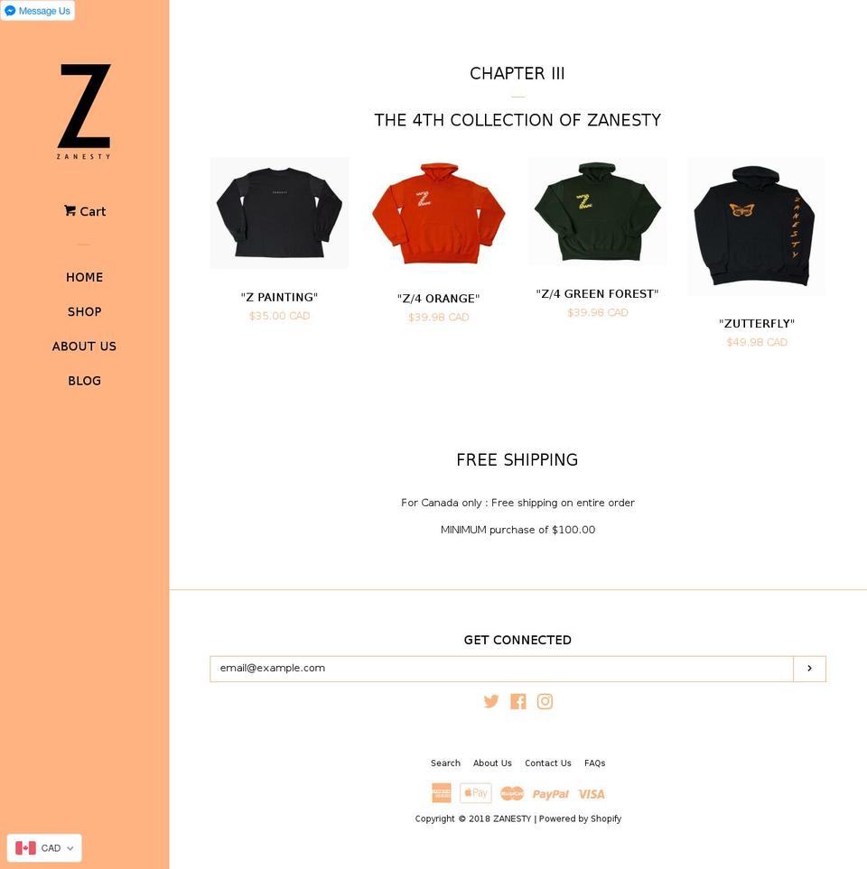 zanesty.com shopify website screenshot
