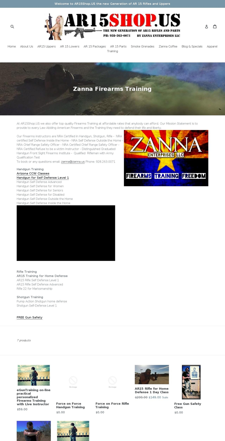 zannafirearmstraining.com — Shopify storefront screenshot