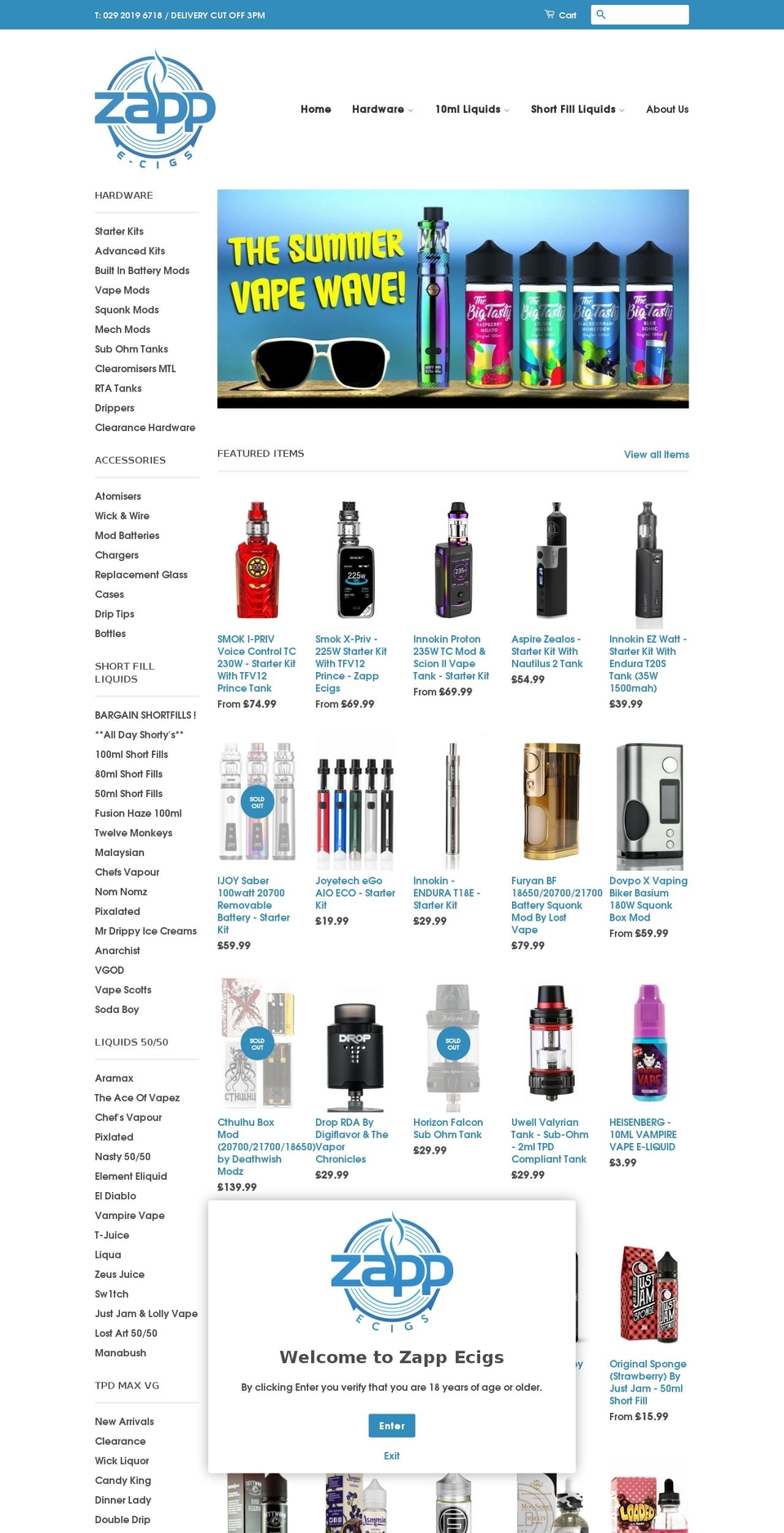 zappecigs.co.uk shopify website screenshot