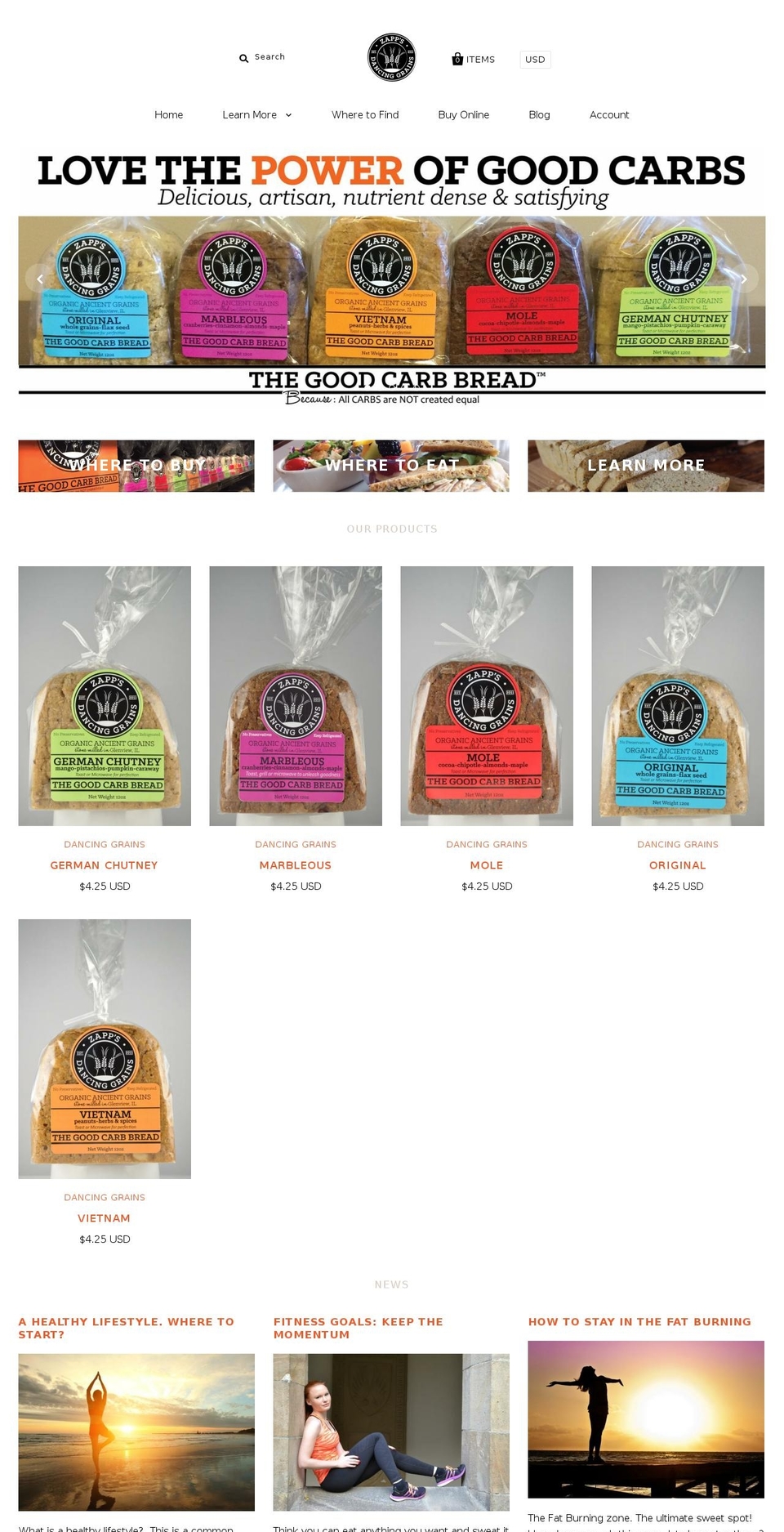 zappsdancinggrains.com — Shopify storefront screenshot