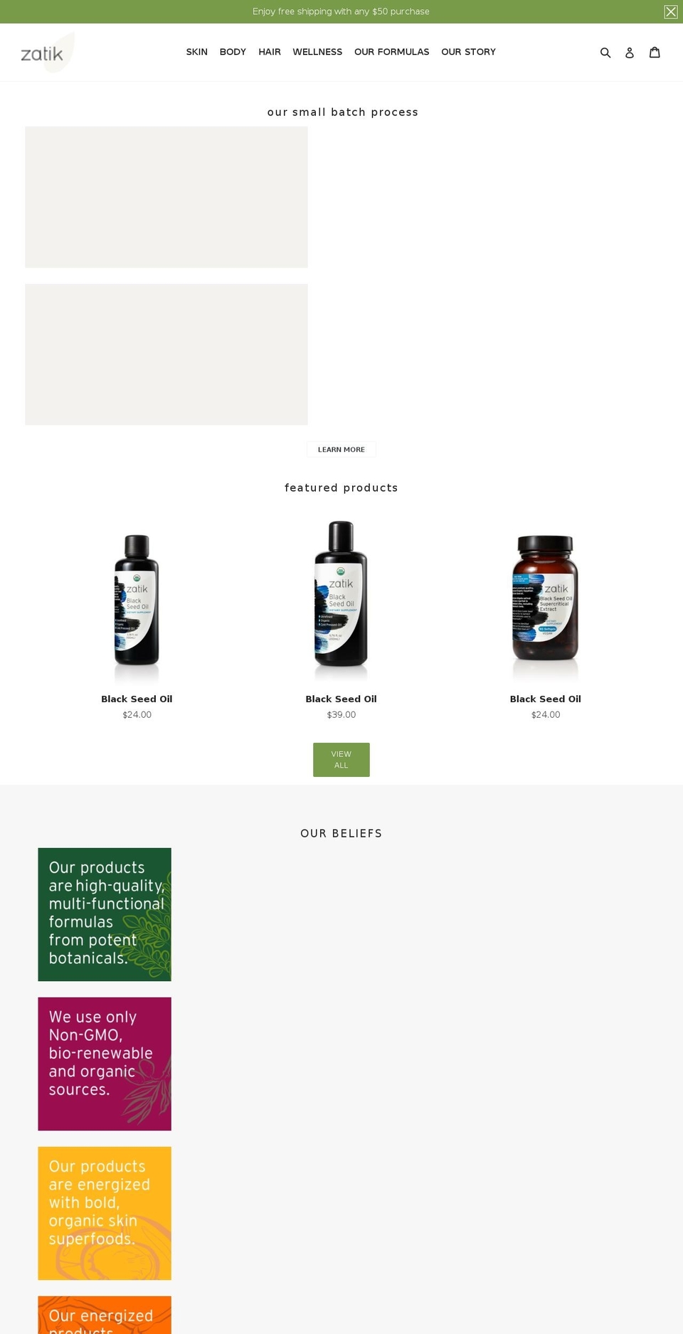 Zatik Shopify theme site example zatiknatural.com