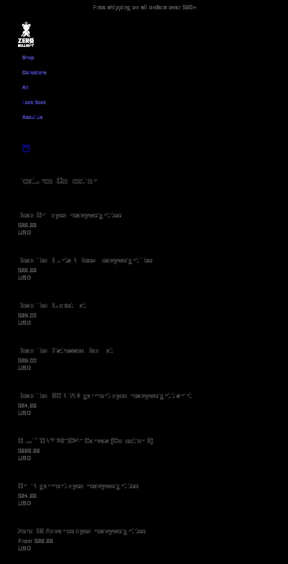 zer0bullshit.com shopify website screenshot