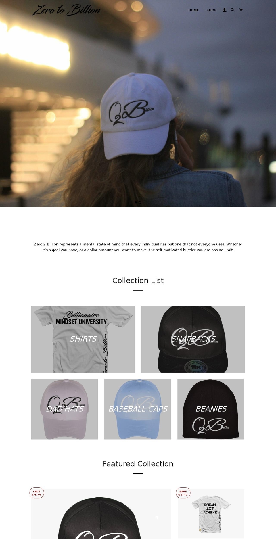 zero2billion.com shopify website screenshot
